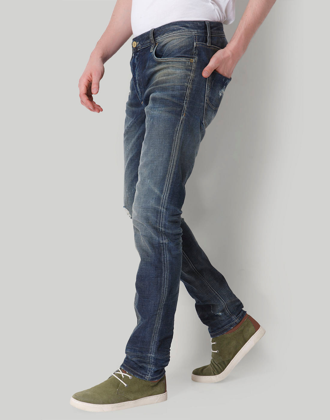 Blue Distressed Low Rise Slim Fit Jeans