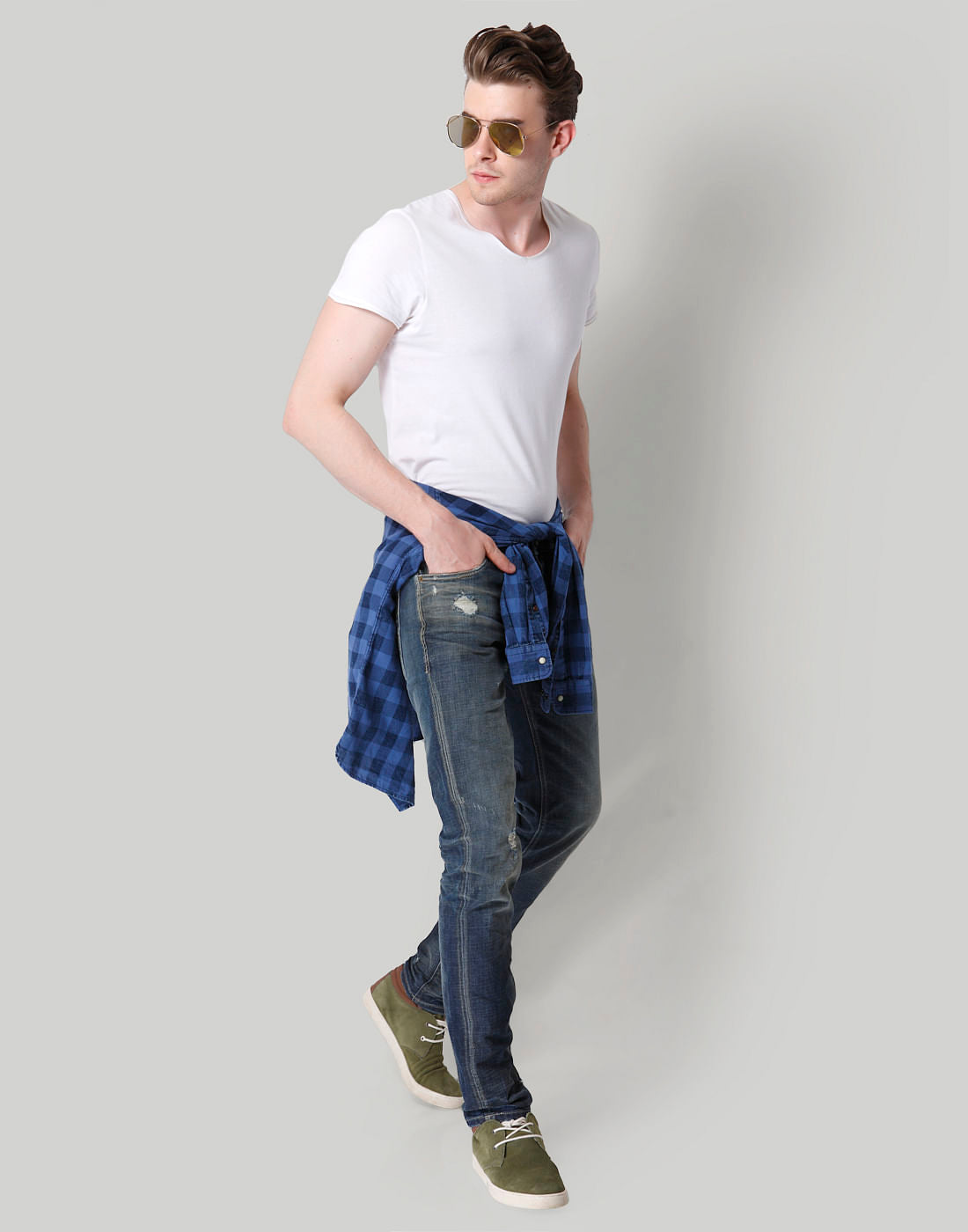 Blue Distressed Low Rise Slim Fit Jeans
