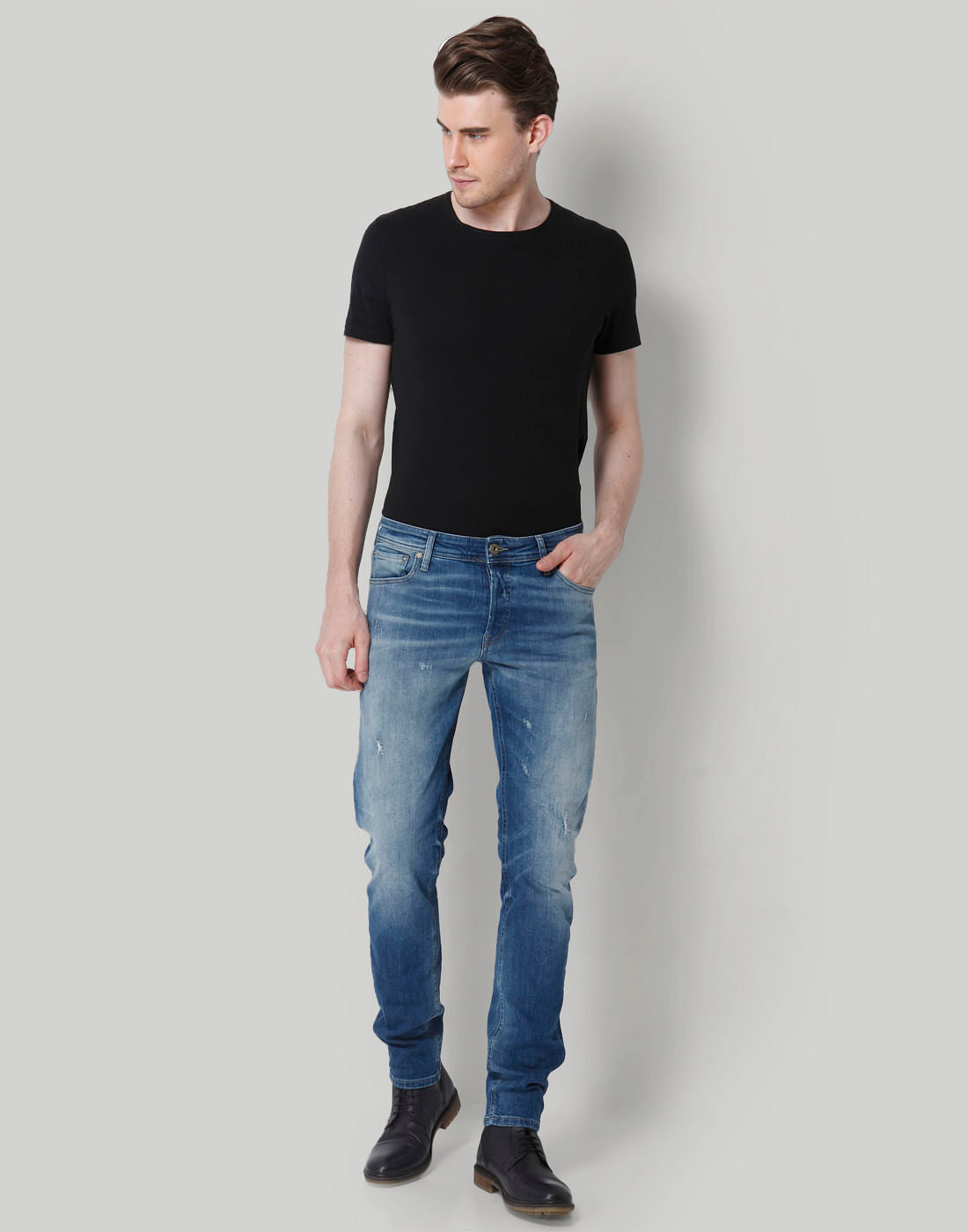 Blue Distressed Low Rise Slim Fit Jeans