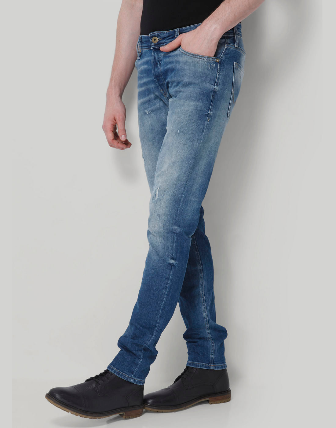 Blue Distressed Low Rise Slim Fit Jeans