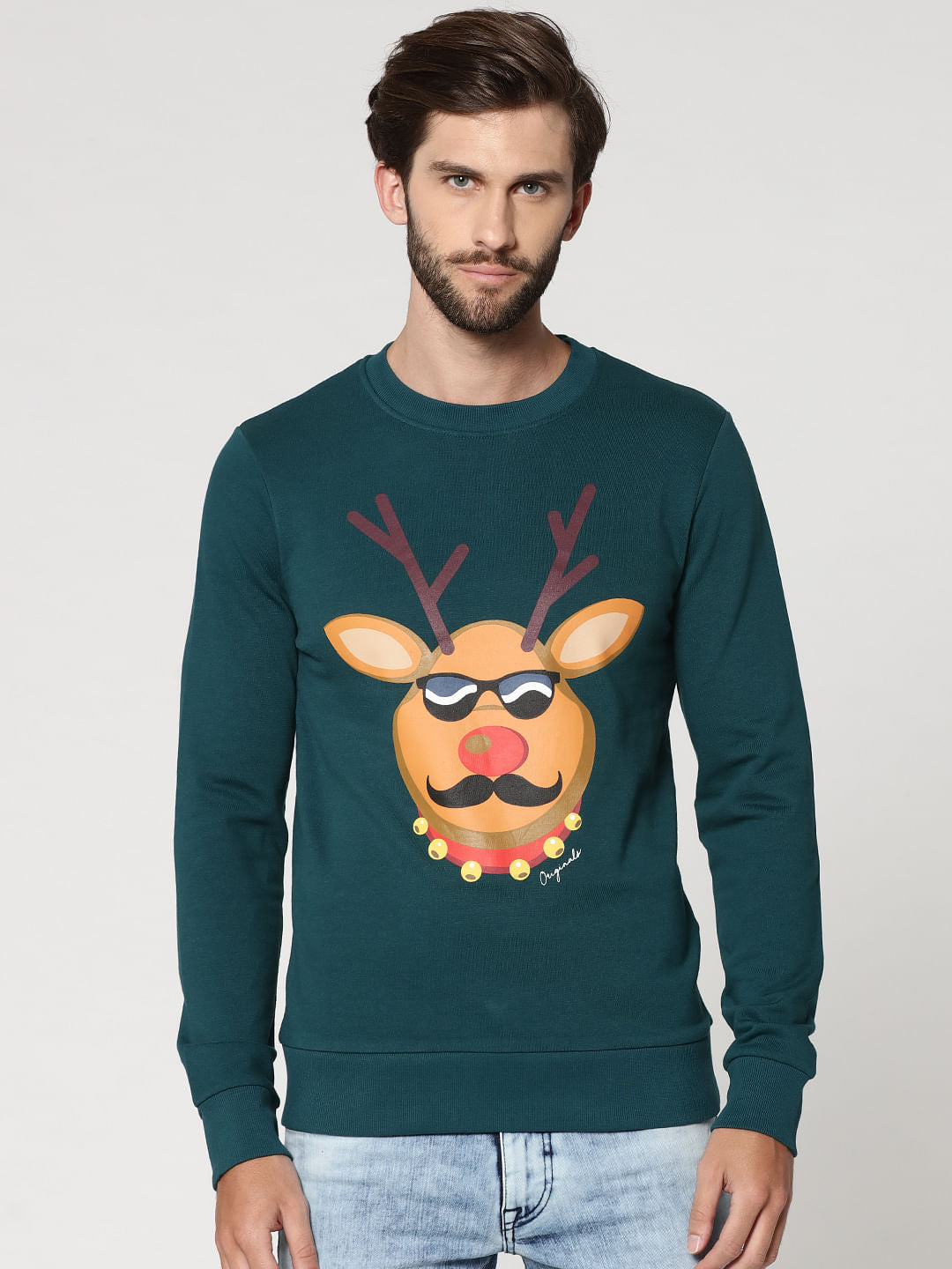 Green Reindeer Print Crew Neck Pullover - S