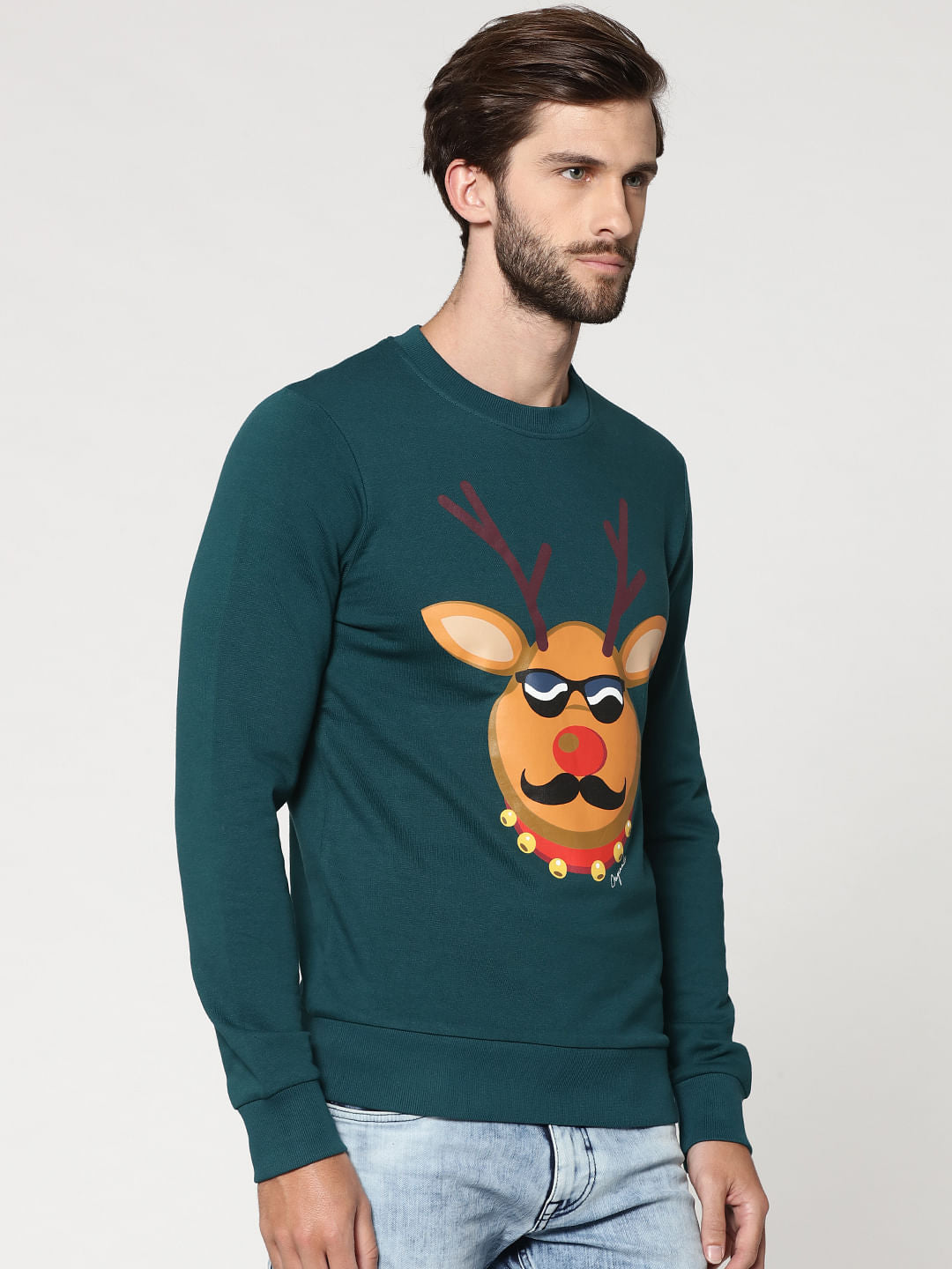 Green Reindeer Print Crew Neck Pullover