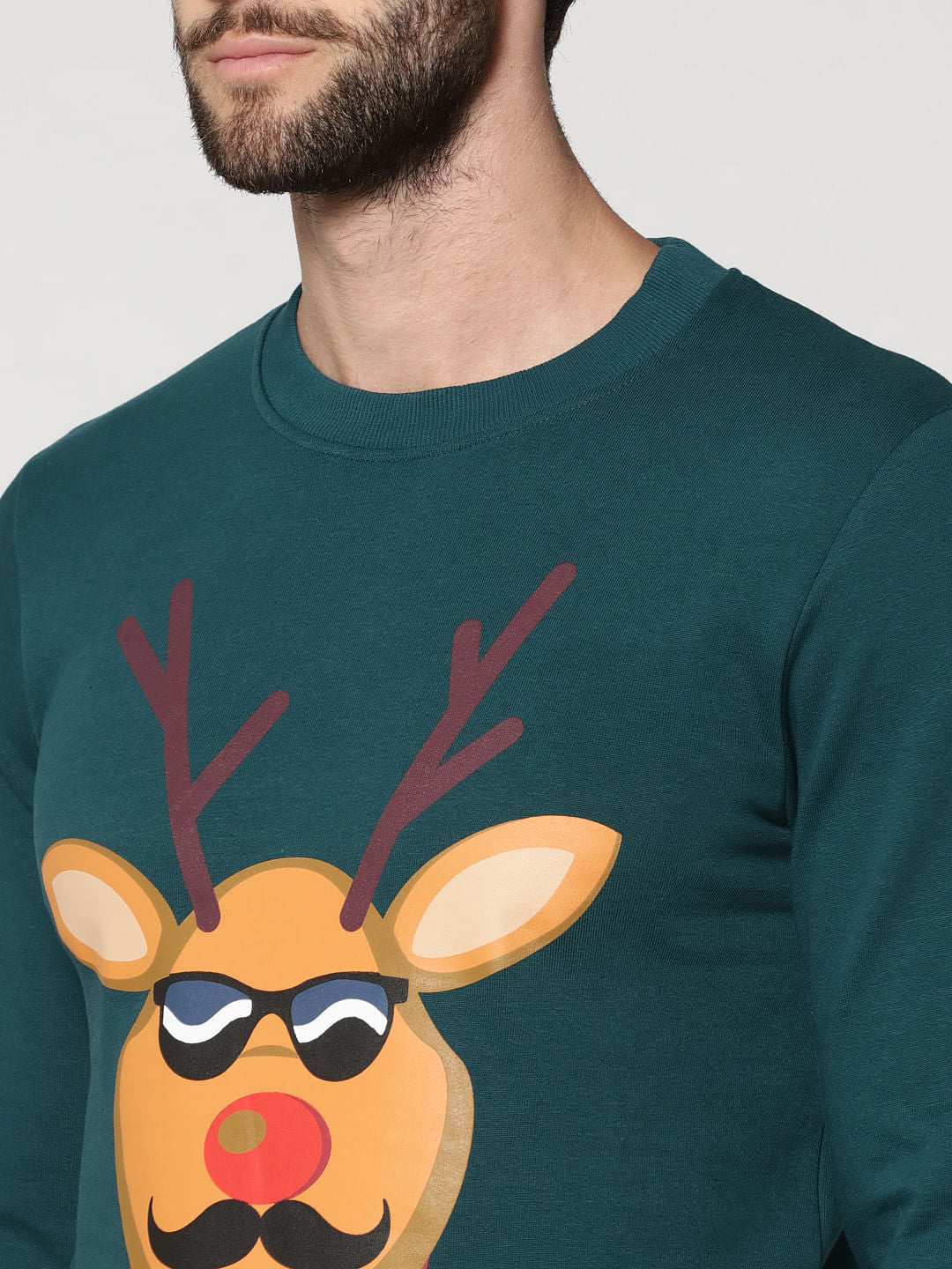 Green Reindeer Print Crew Neck Pullover