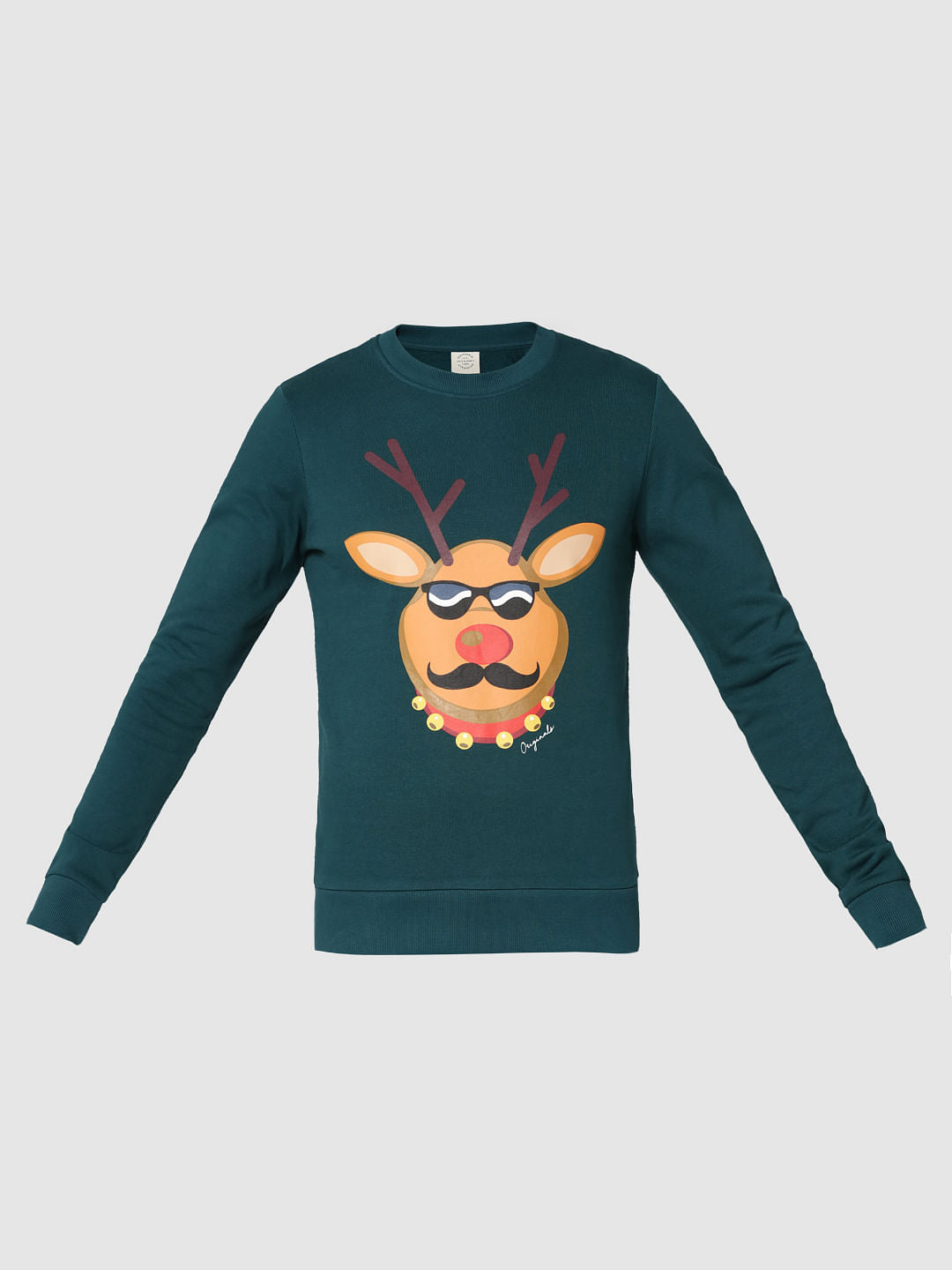 Green Reindeer Print Crew Neck Pullover
