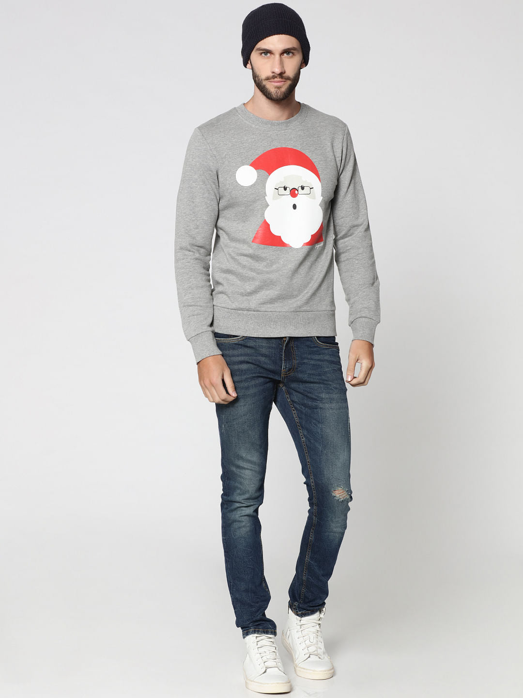 Light Grey Santa Print Crew Neck Sweatshirt