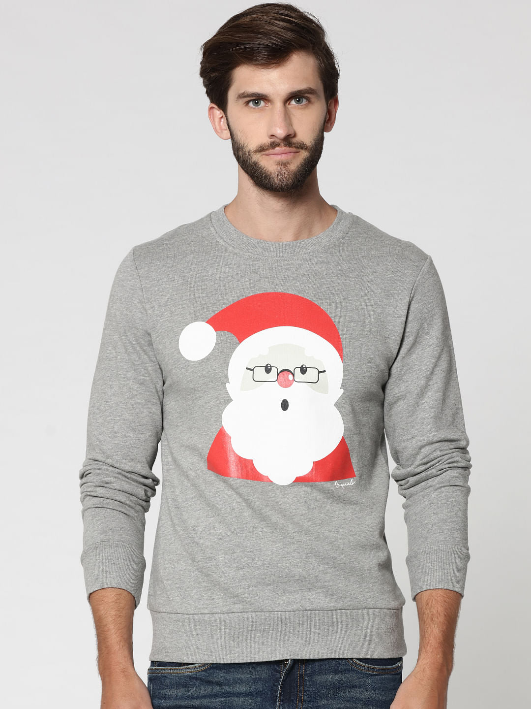 Light Grey Santa Print Crew Neck Sweatshirt - S