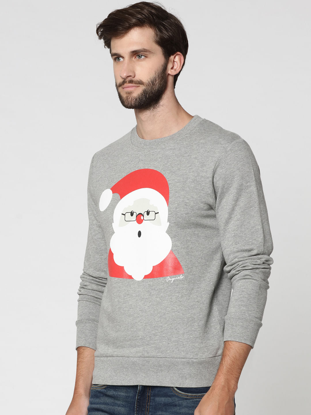 Light Grey Santa Print Crew Neck Sweatshirt