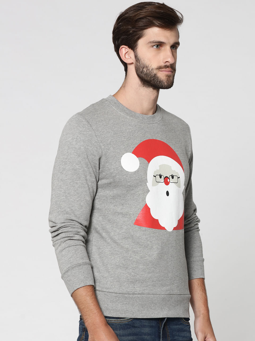 Light Grey Santa Print Crew Neck Sweatshirt