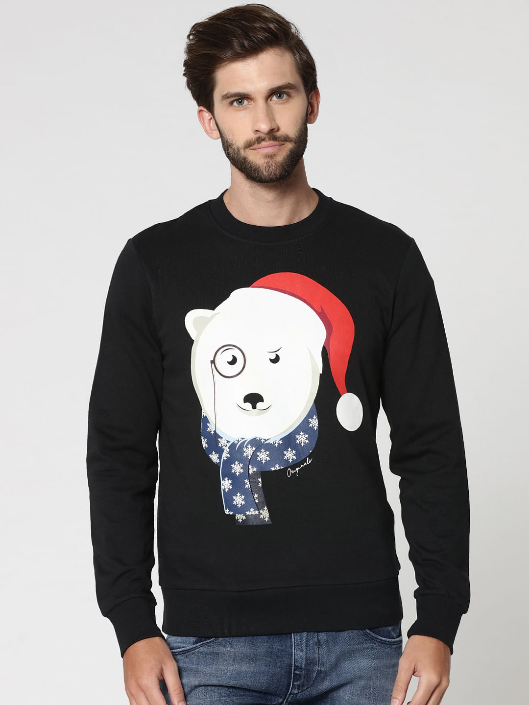 Black Polar Bear Print Crew Neck Sweatshirt