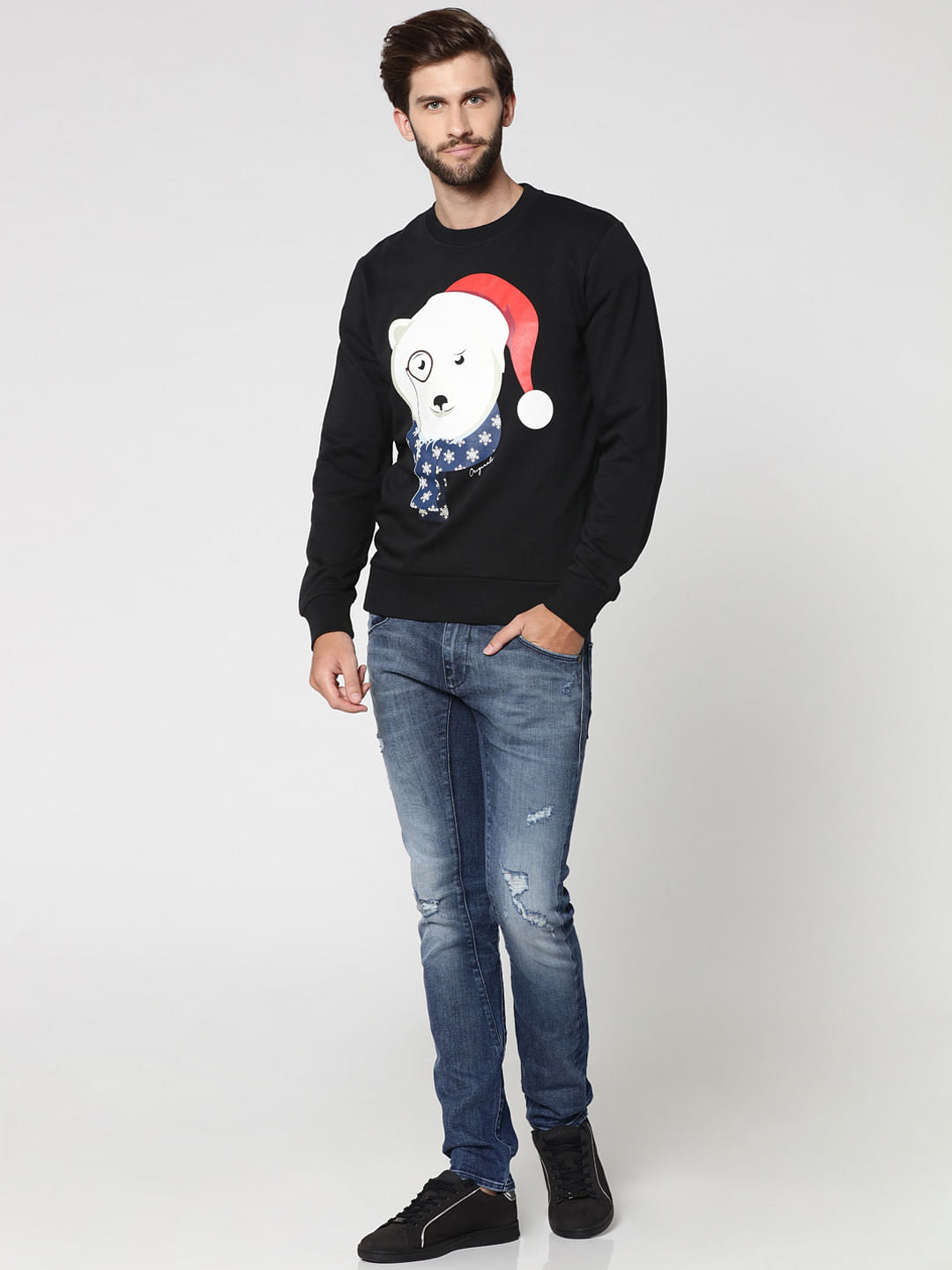 Black Polar Bear Print Crew Neck Sweatshirt