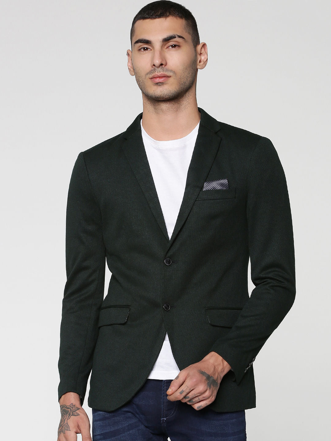 Green Textured Weave Double Button Slim Fit Blazer - 46