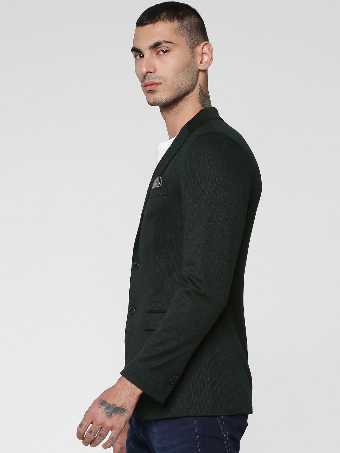 Green Textured Weave Double Button Slim Fit Blazer