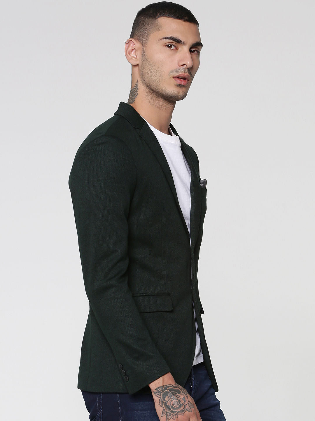 Green Textured Weave Double Button Slim Fit Blazer