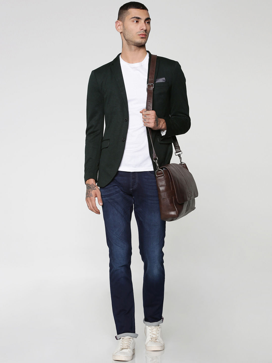 Green Textured Weave Double Button Slim Fit Blazer