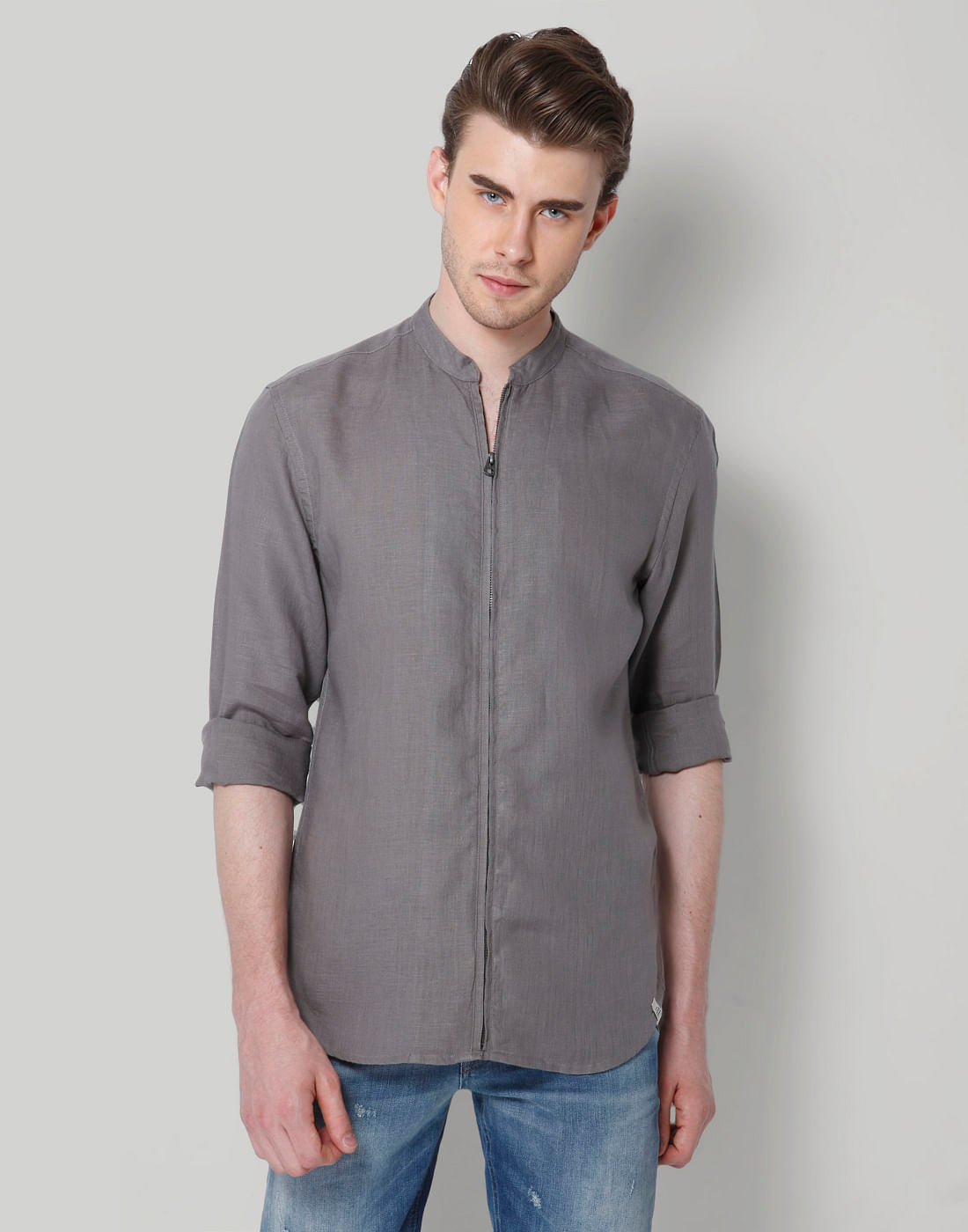 Grey Mandarin Collar Linen Shirt - S