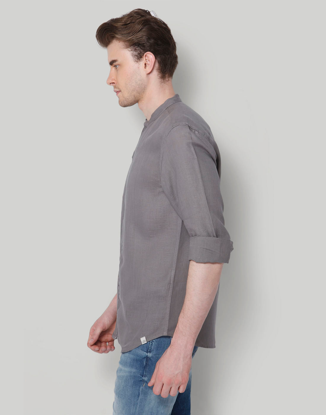 Grey Mandarin Collar Linen Shirt