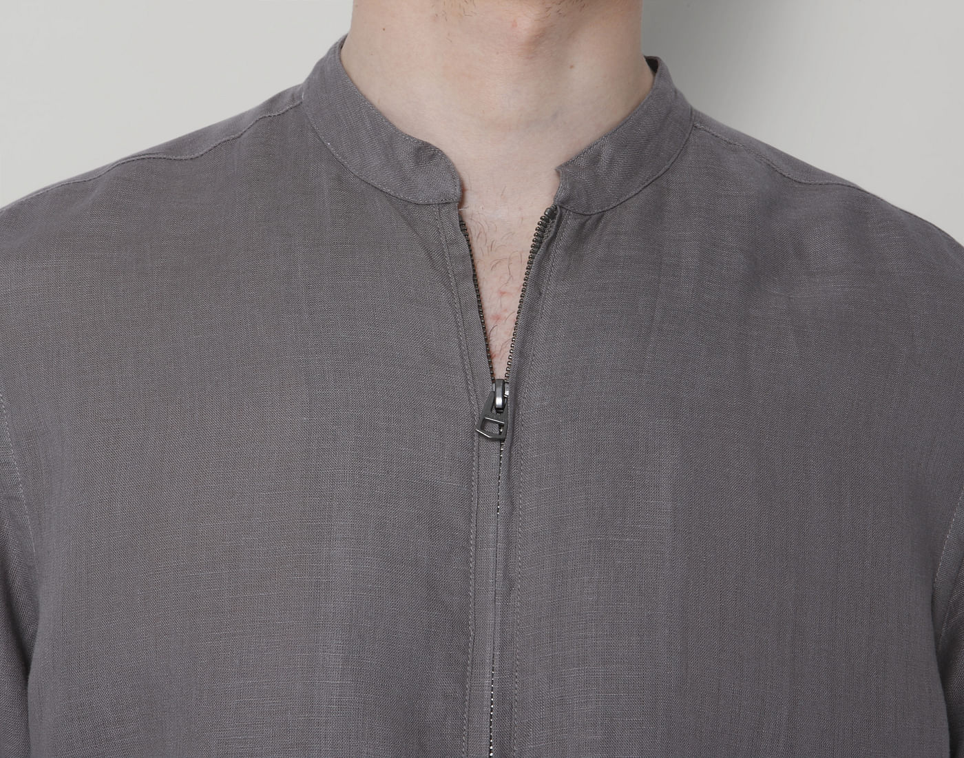 Grey Mandarin Collar Linen Shirt