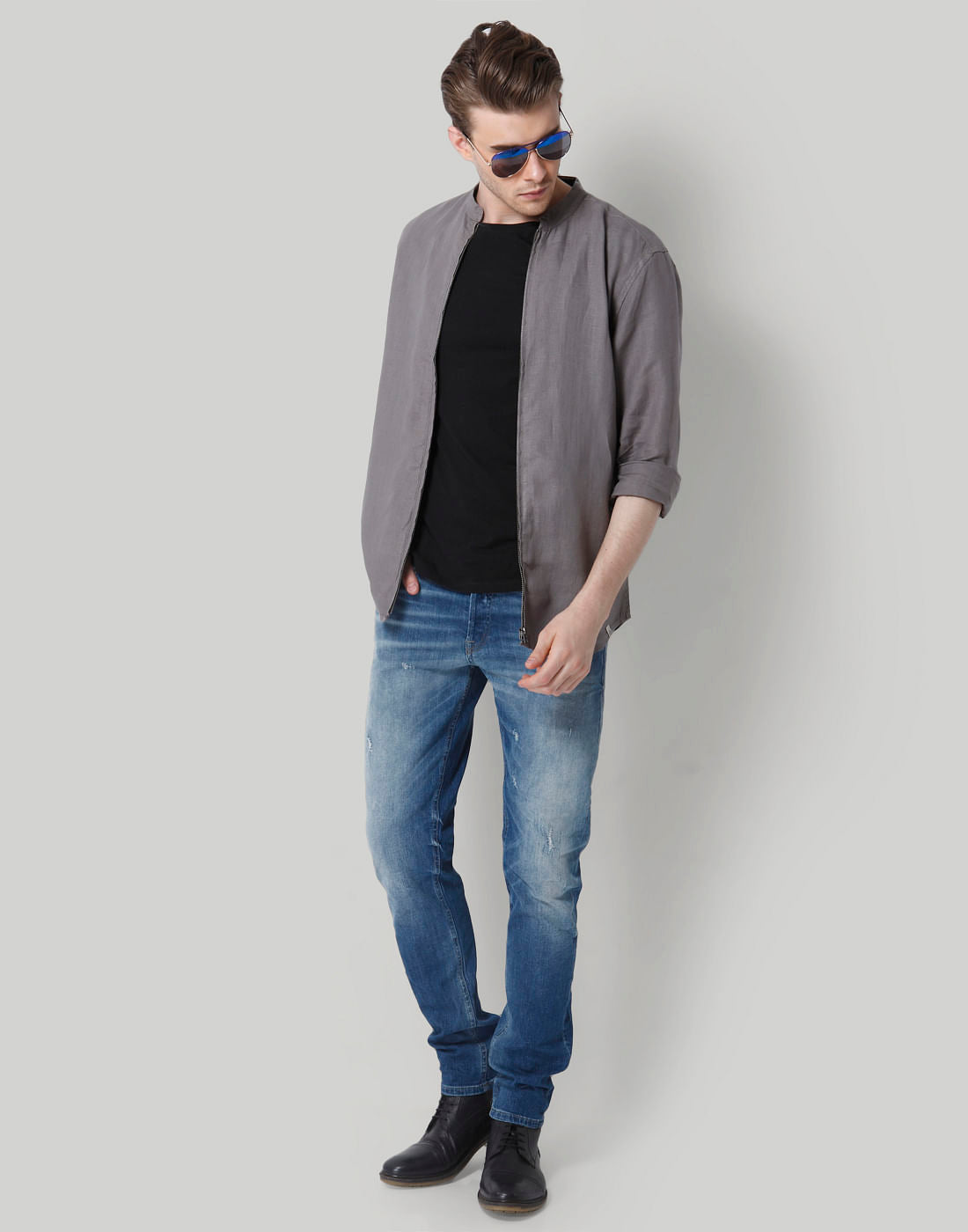 Grey Mandarin Collar Linen Shirt