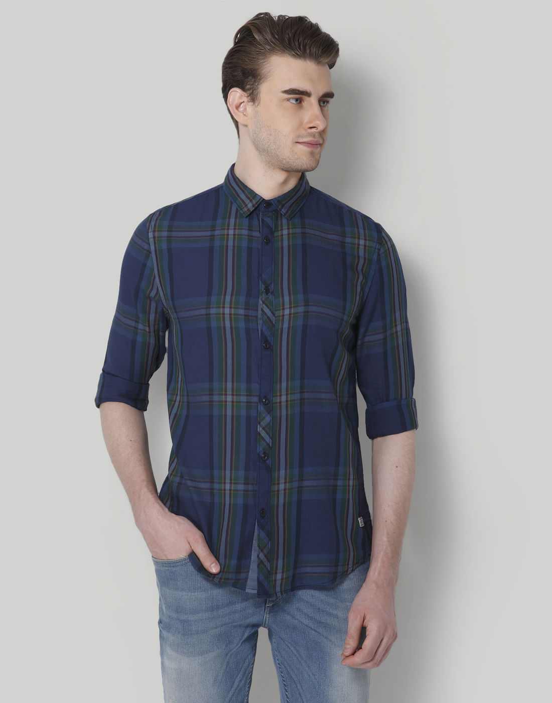 Blue & Green Check Slim Fit Shirt - S