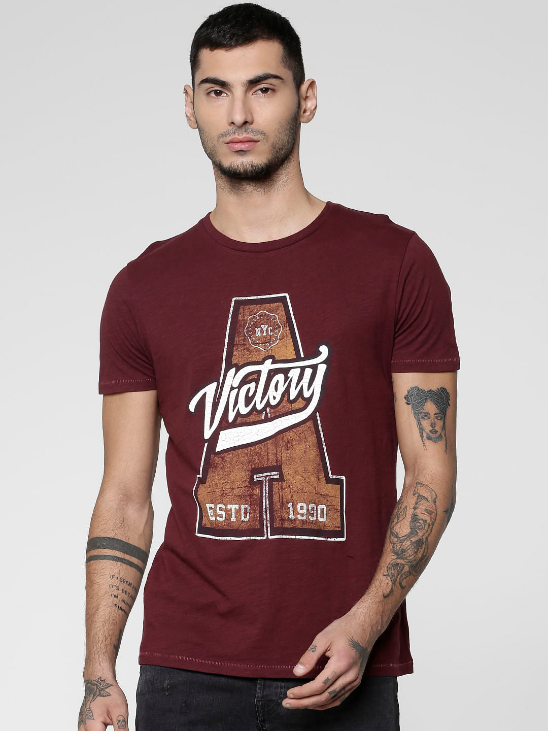 Red Text Print Crew Neck T-Shirt - S