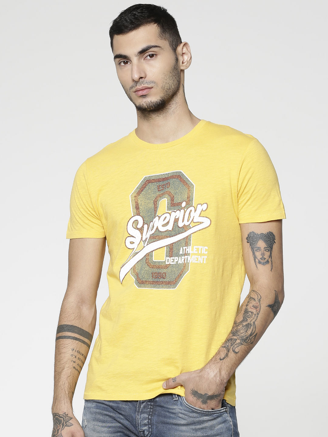 Yellow Text Print Crew Neck T-Shirt - S