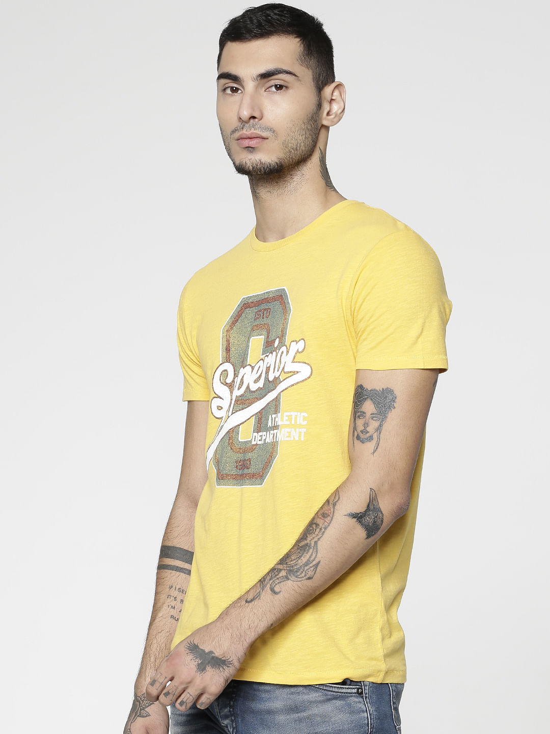 Yellow Text Print Crew Neck T-Shirt