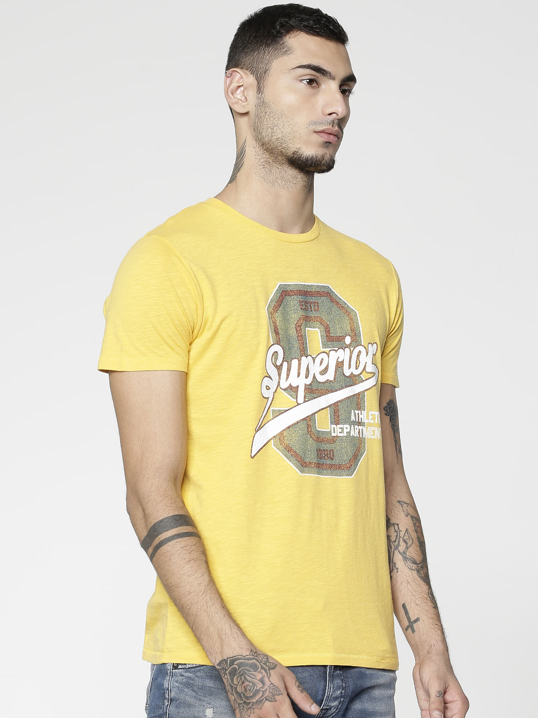 Yellow Text Print Crew Neck T-Shirt