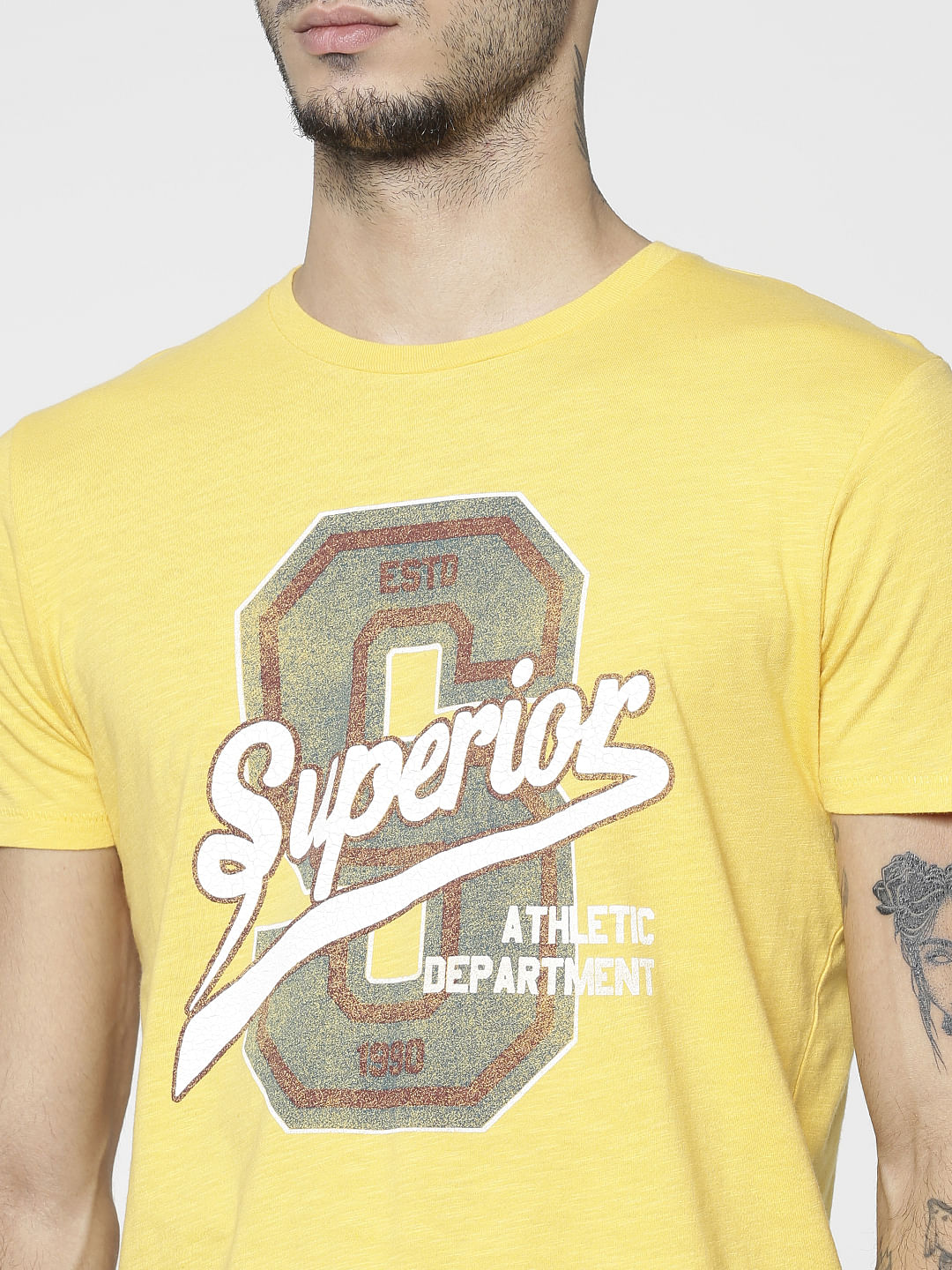 Yellow Text Print Crew Neck T-Shirt