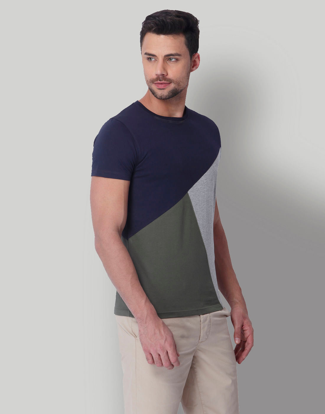 Blue Colour Blocked Crew Neck T-Shirt
