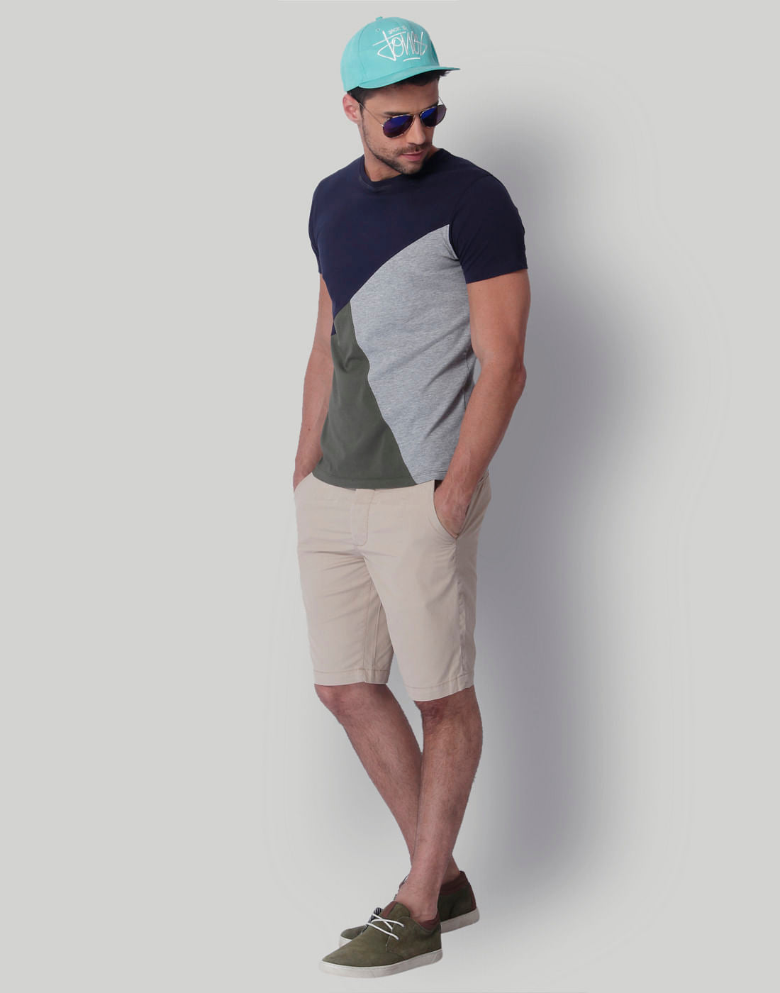 Blue Colour Blocked Crew Neck T-Shirt