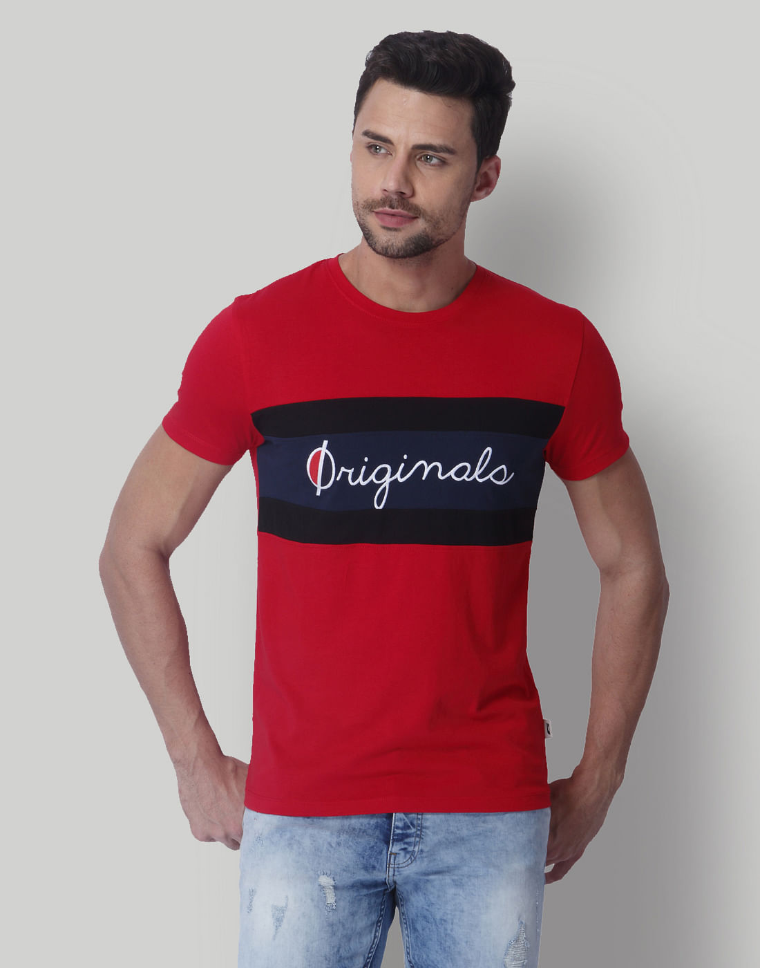 Red Colour Blocked Crew Neck T-Shirt - S