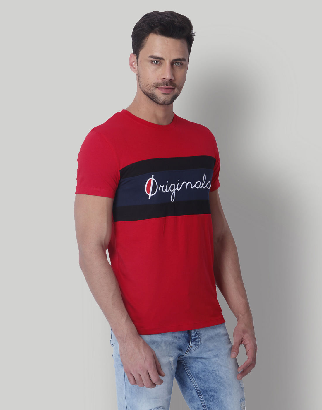 Red Colour Blocked Crew Neck T-Shirt