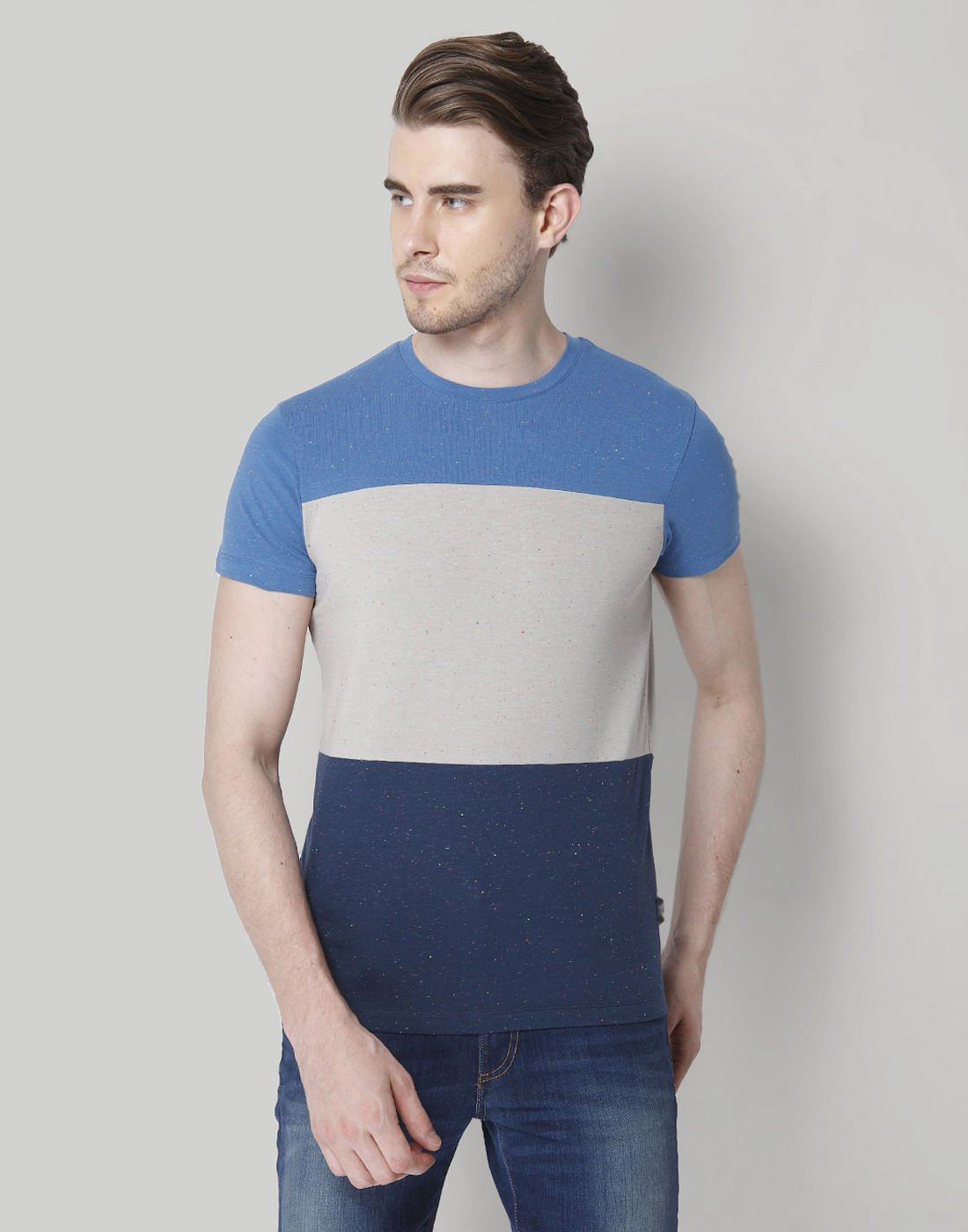 Blue Colour Blocked Crew Neck T-Shirt