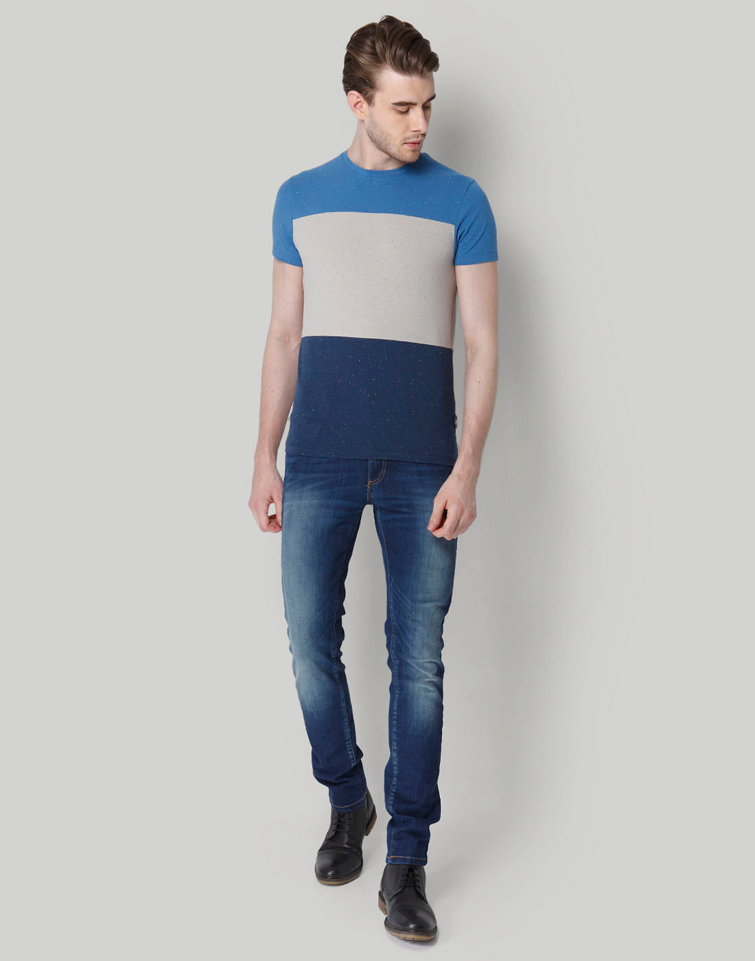 Blue Colour Blocked Crew Neck T-Shirt