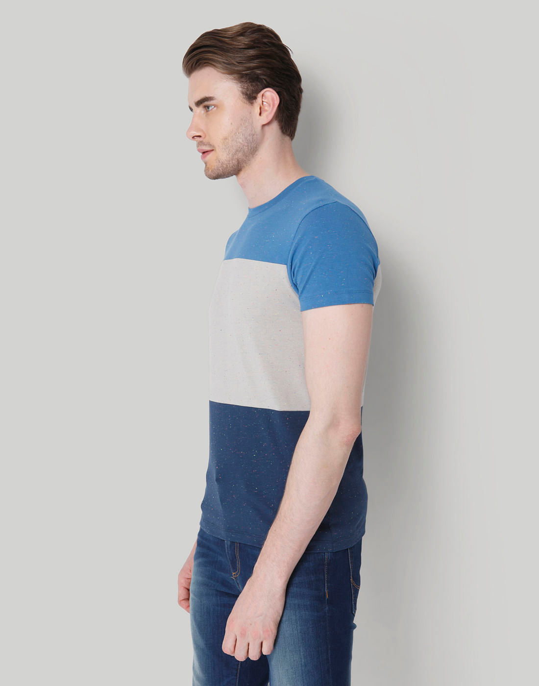Blue Colour Blocked Crew Neck T-Shirt