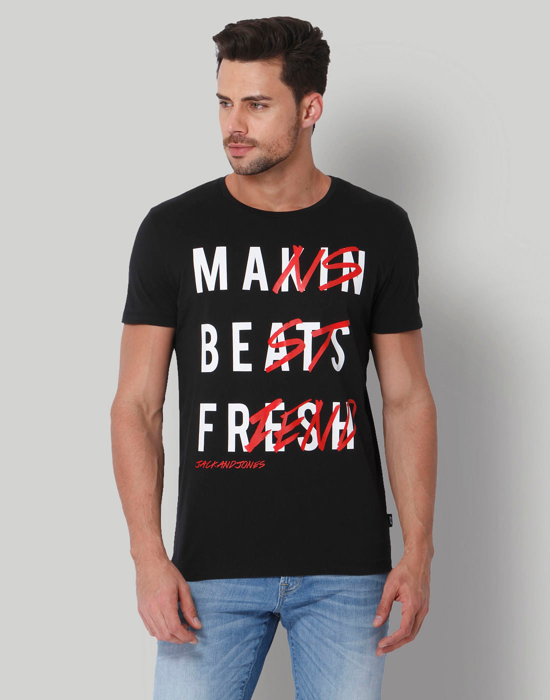 Black Text Print Crew Neck T-Shirt - S