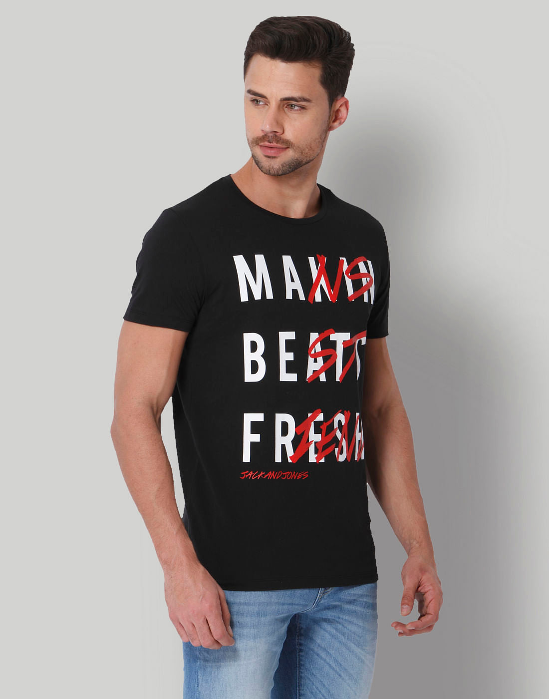 Black Text Print Crew Neck T-Shirt