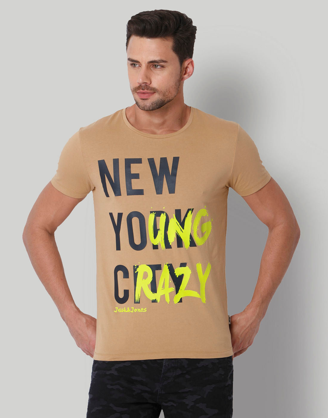 Cream Text Print Crew Neck T-Shirt - S