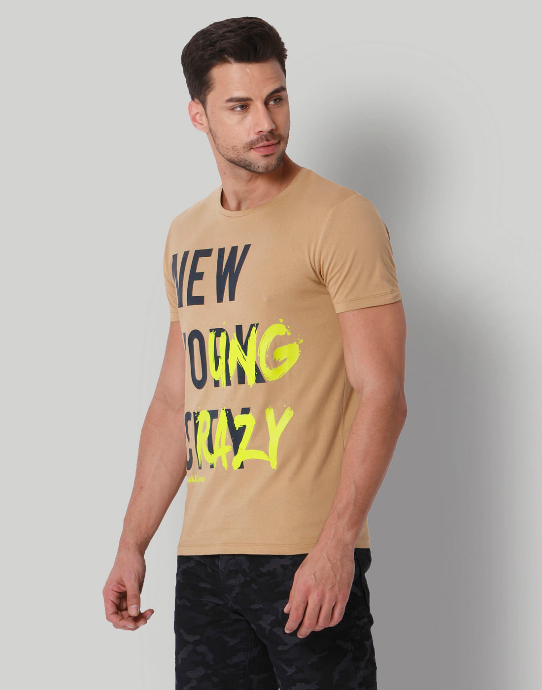 Cream Text Print Crew Neck T-Shirt
