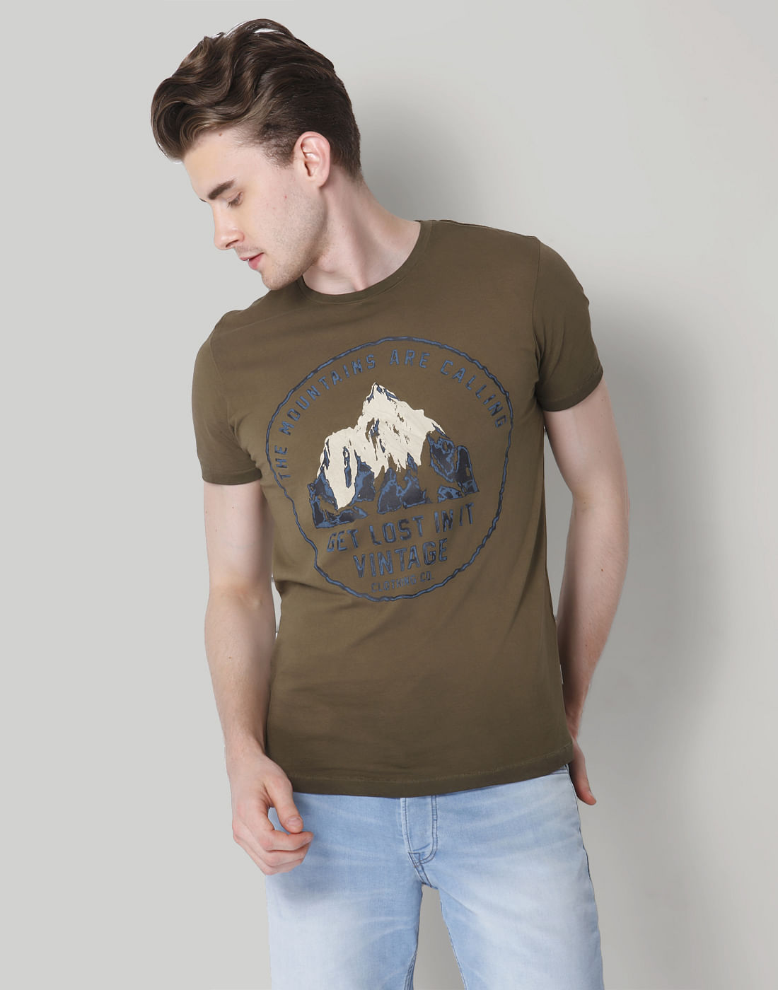 Olive Green Graphic Print Crew Neck T-Shirt - S