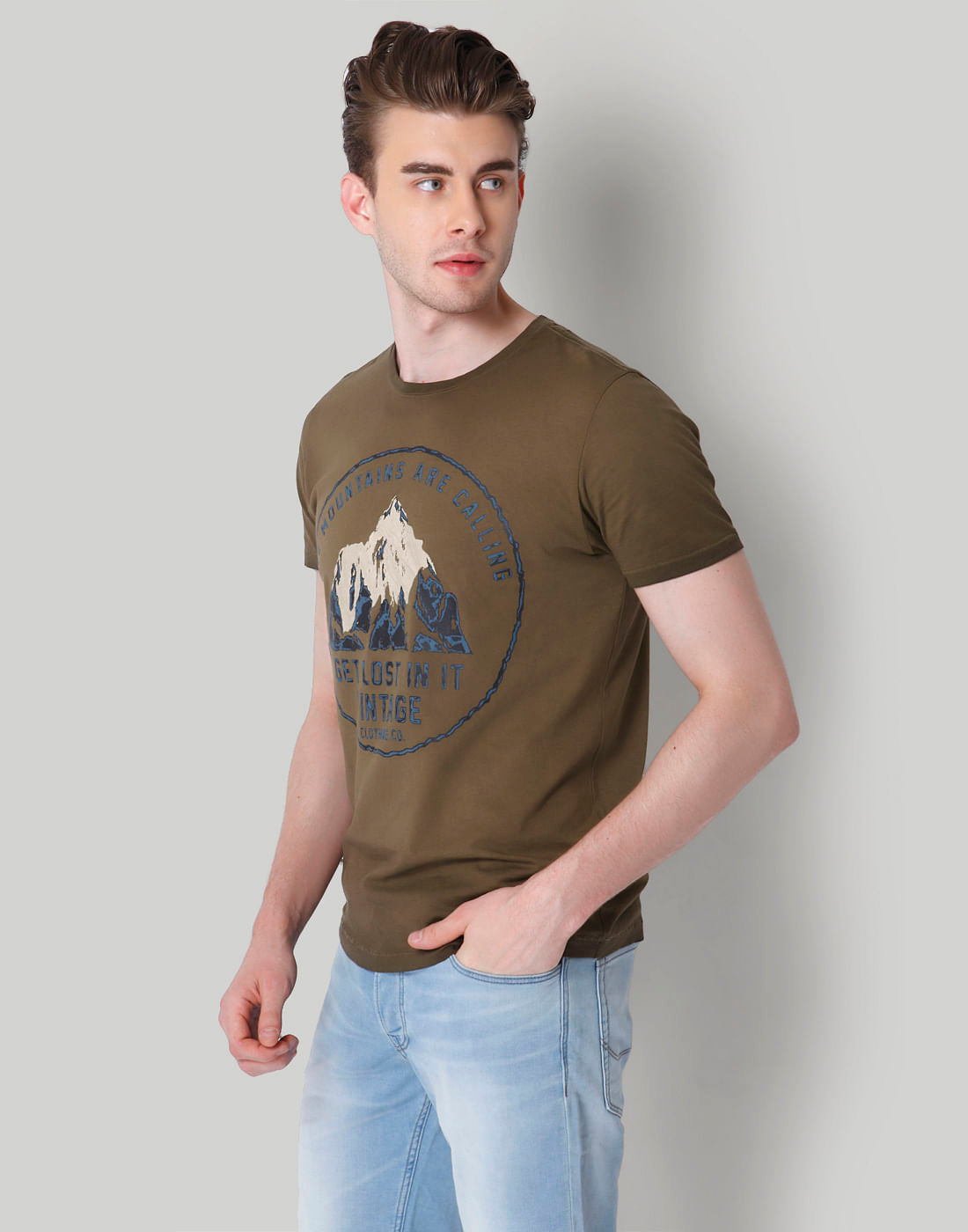 Olive Green Graphic Print Crew Neck T-Shirt