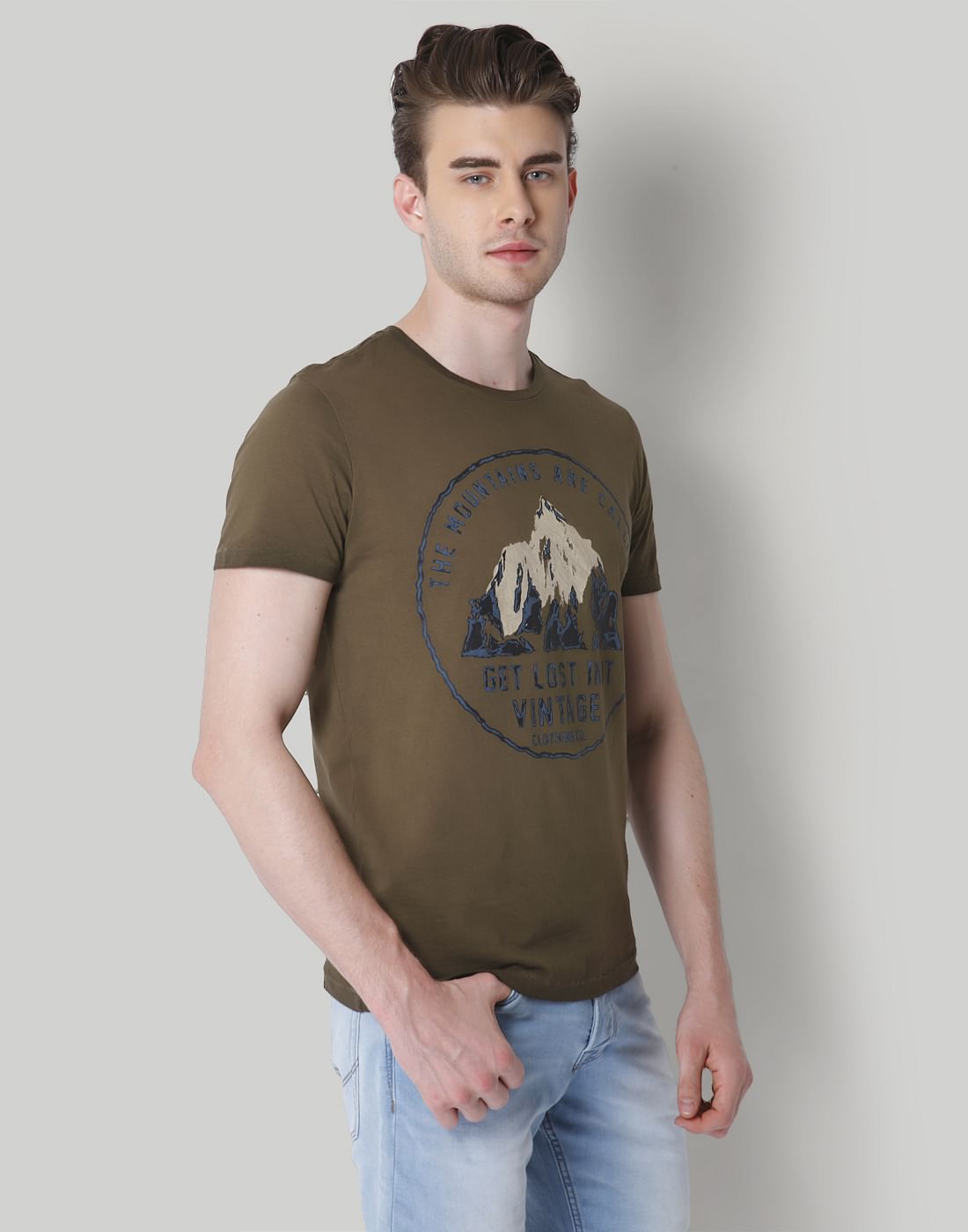 Olive Green Graphic Print Crew Neck T-Shirt
