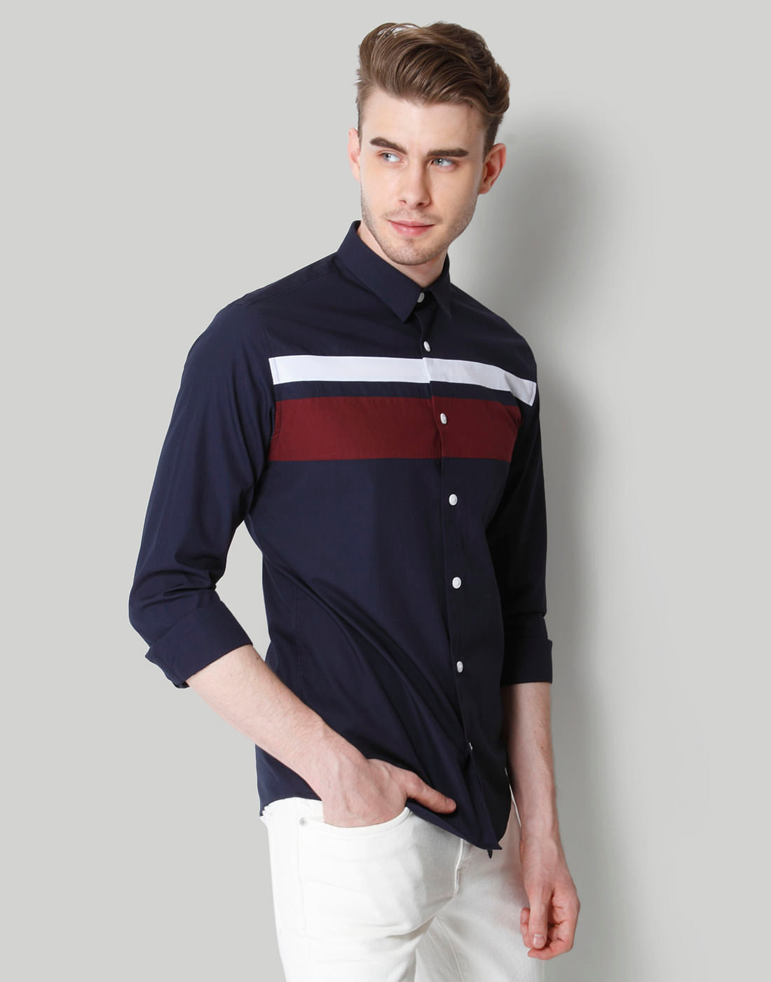 Dark Blue Colour Blocked Shirt