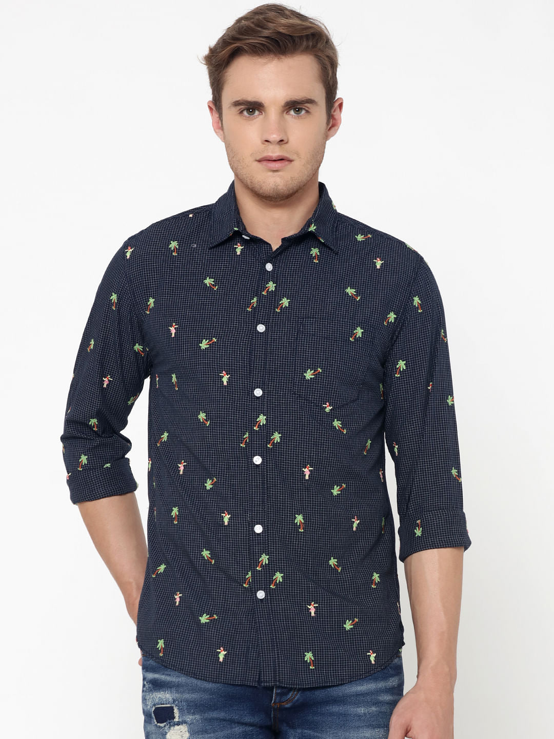 Blue Check Palm Tree Print Slim Fit Shirt - S
