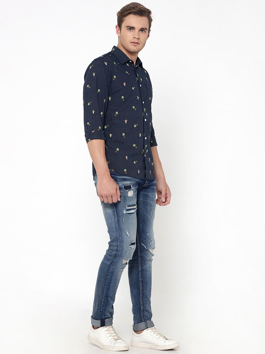 Blue Check Palm Tree Print Slim Fit Shirt