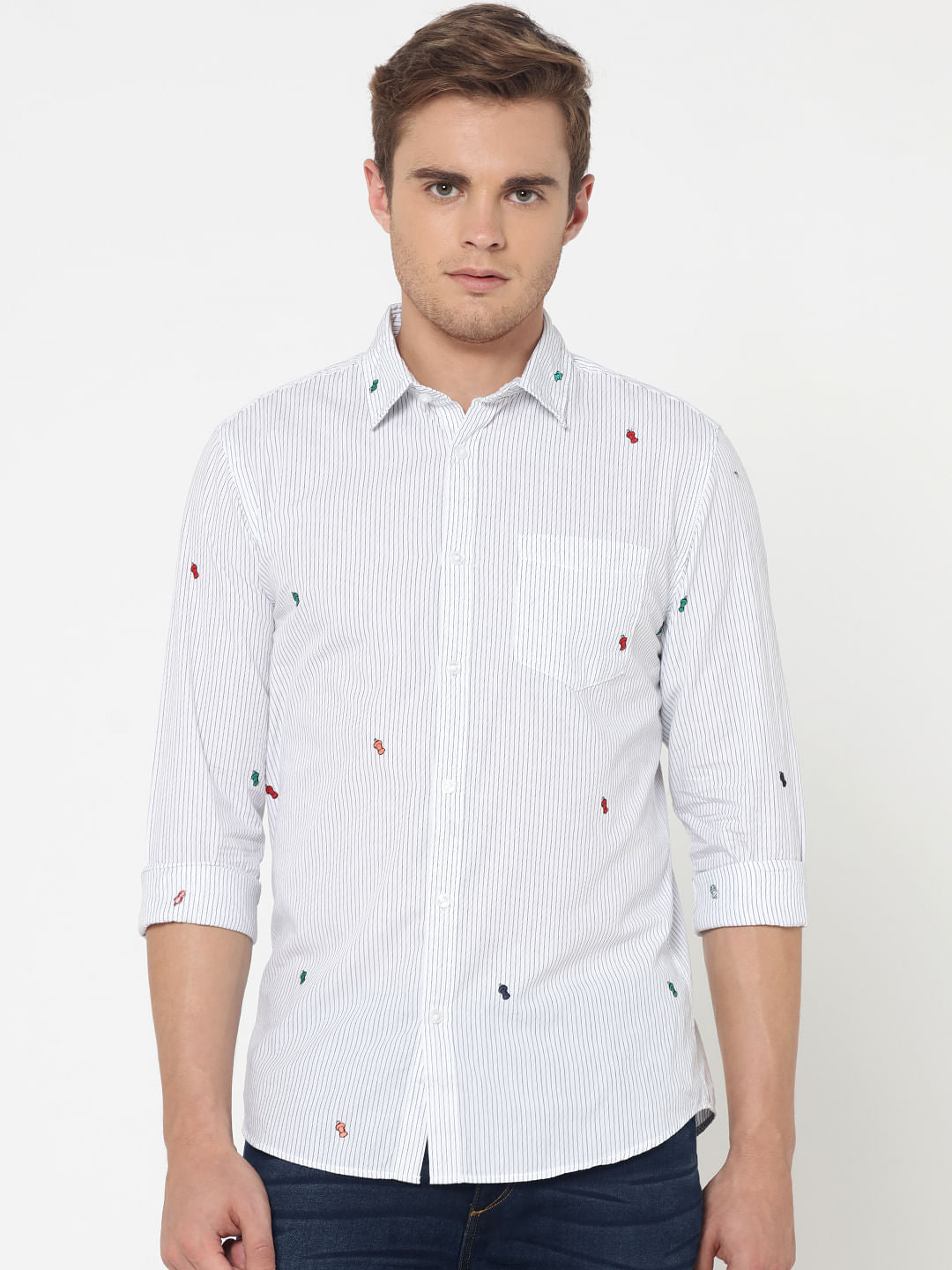 White Striped Embroidered Full Sleeves Shirt - S