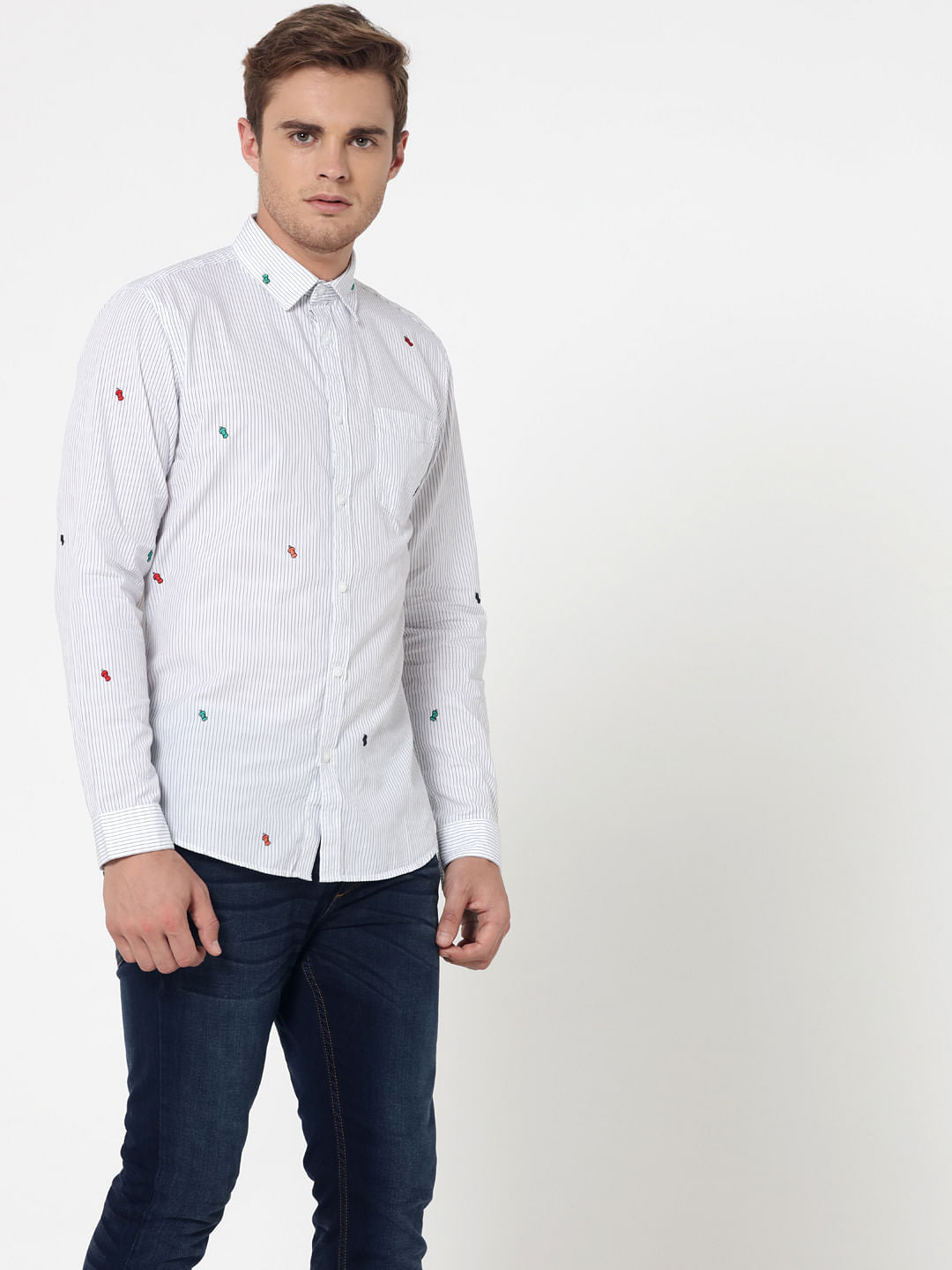 White Striped Embroidered Full Sleeves Shirt