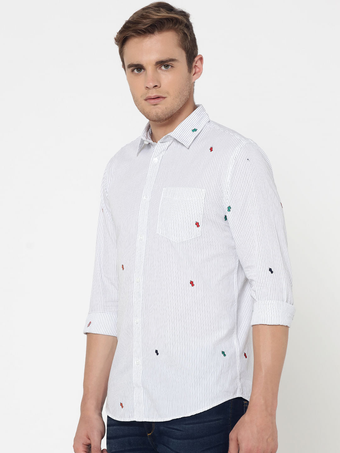 White Striped Embroidered Full Sleeves Shirt