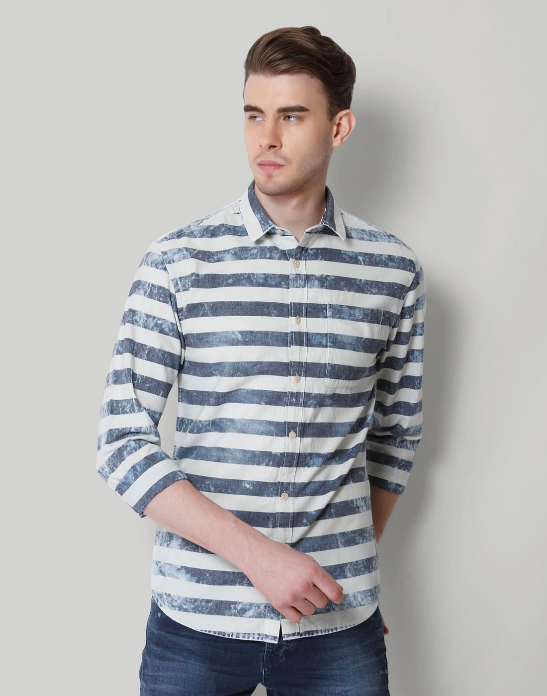 Beige & Grey Striped Shirt - S