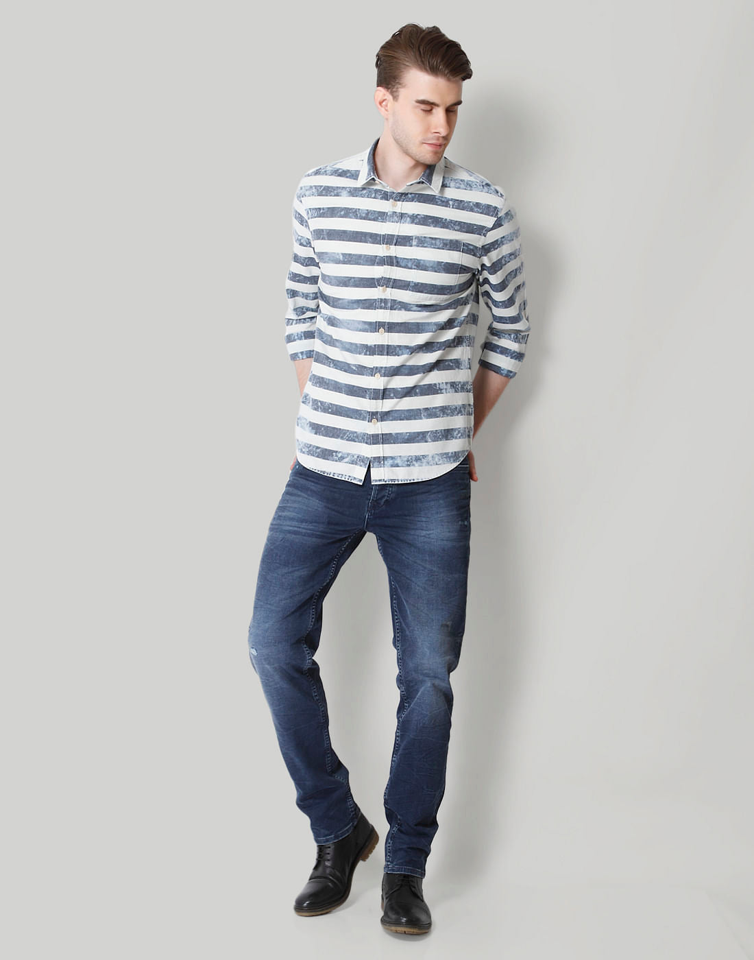 Beige & Grey Striped Shirt